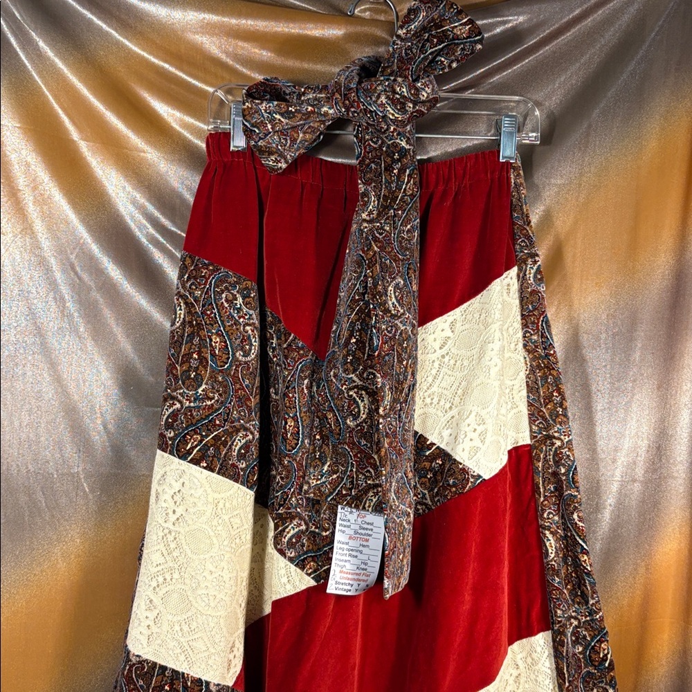 Vintage 70’s velvet lace Red‎ and Cream Patchwork Skirt with Paisley and belt ii